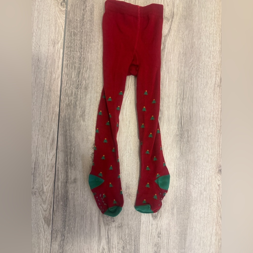 Gymboree Festive Red Tights with Green Tree Accents